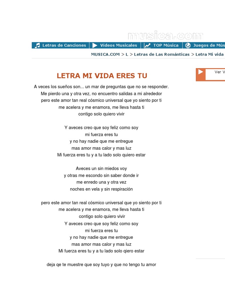 Letra Mi Vida Eres Tu Ocio Entretenimiento General