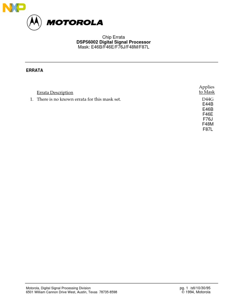 DSP56002 Digital Signal Processor Errata Description Applies To Mask 1