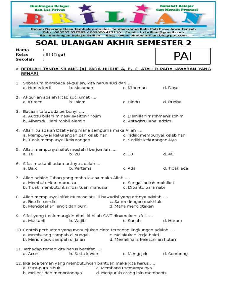 Soal Pai Kelas 3 Sd Semester 2