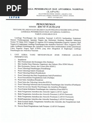 Pengumuman Cpns Instansi Lapan 2018 Pdf Pdf