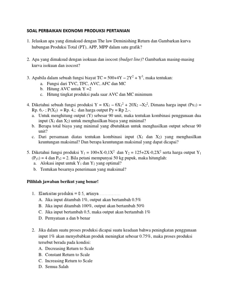 Soal Ekonomi Produksi Pertanian