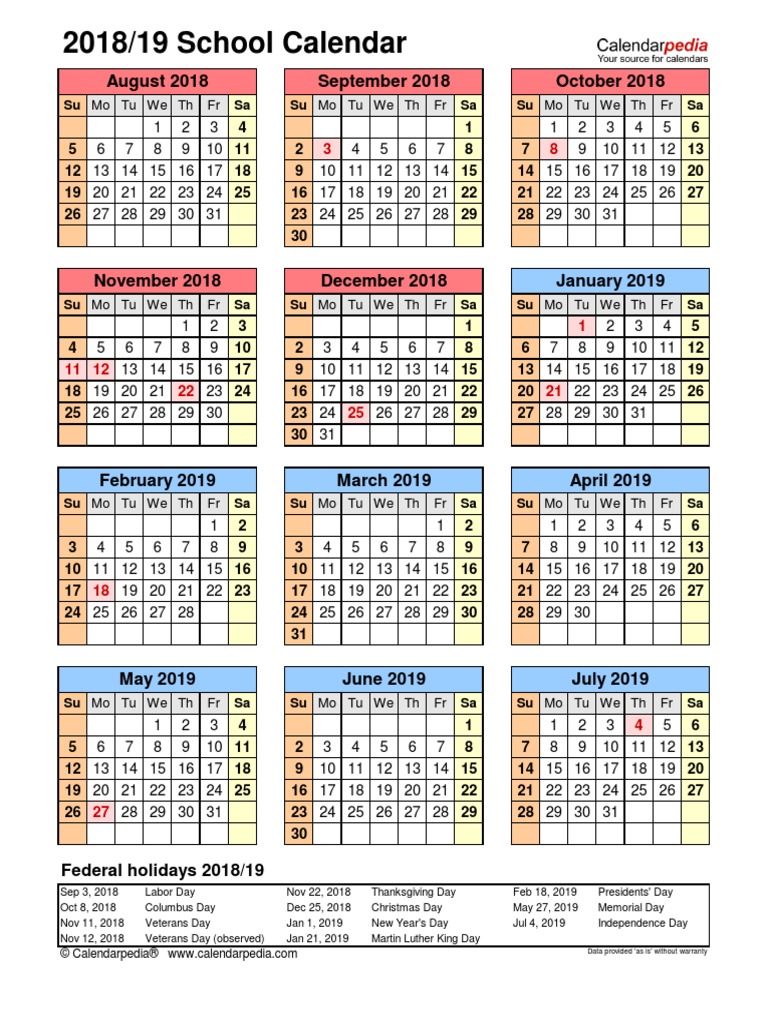 School Calendar 2018 2019 Portrait Year at a Glance | Holidays ...