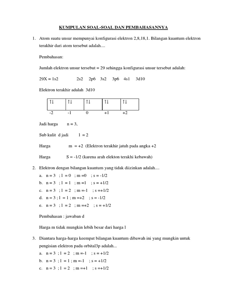 Contoh Soal Konfigurasi Elektron Dan Bilangan Kuantum