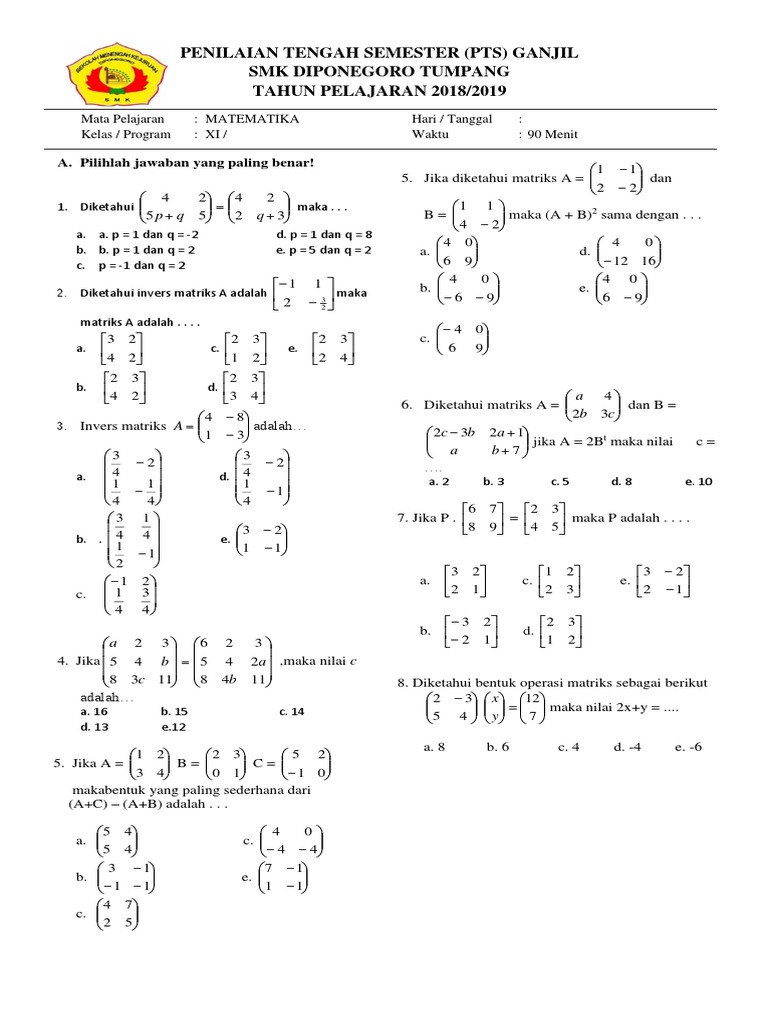 Contoh Soal Matematika Kelas 11 Semester 1 Tentang Matriks