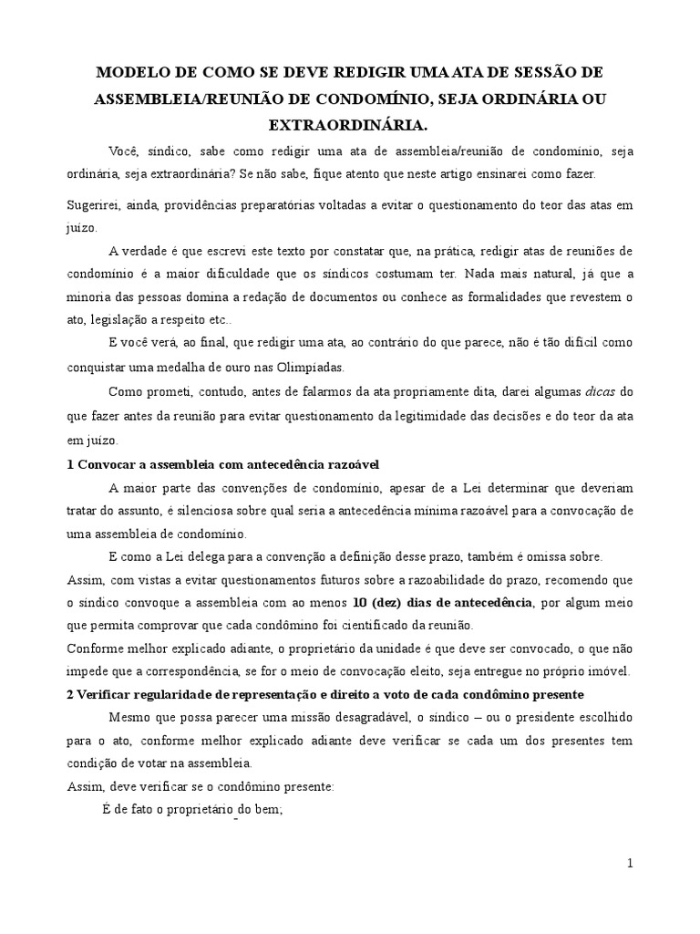 Modelo de Como Se Deve Redigir Uma Ata. Condomínio Governo