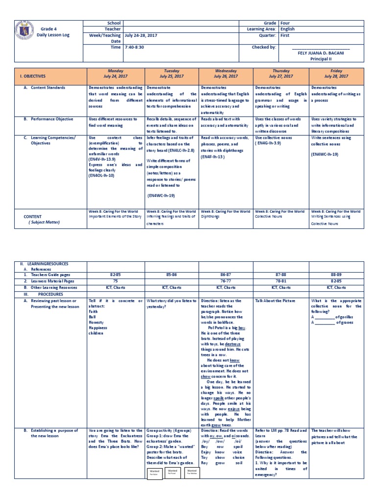 Grade 4 English Lesson Plans | PDF | English Language | Reading ...