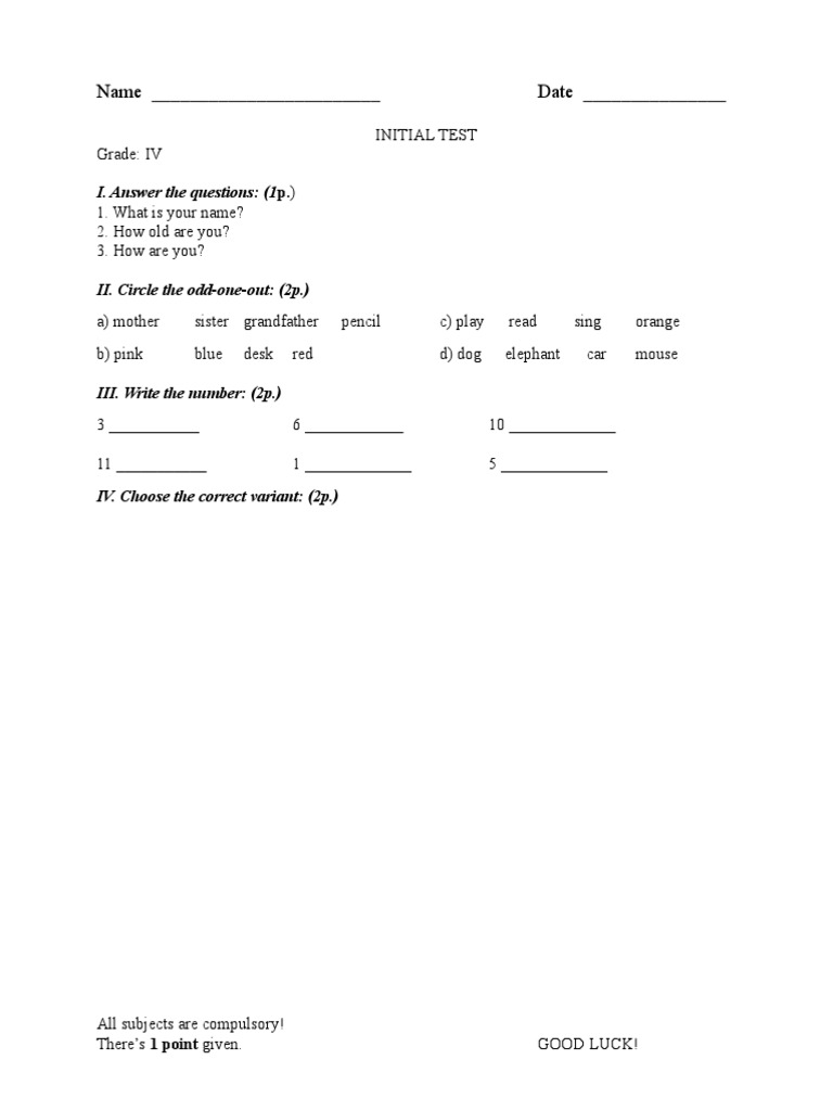 Grade IV Initial Test Questions | PDF