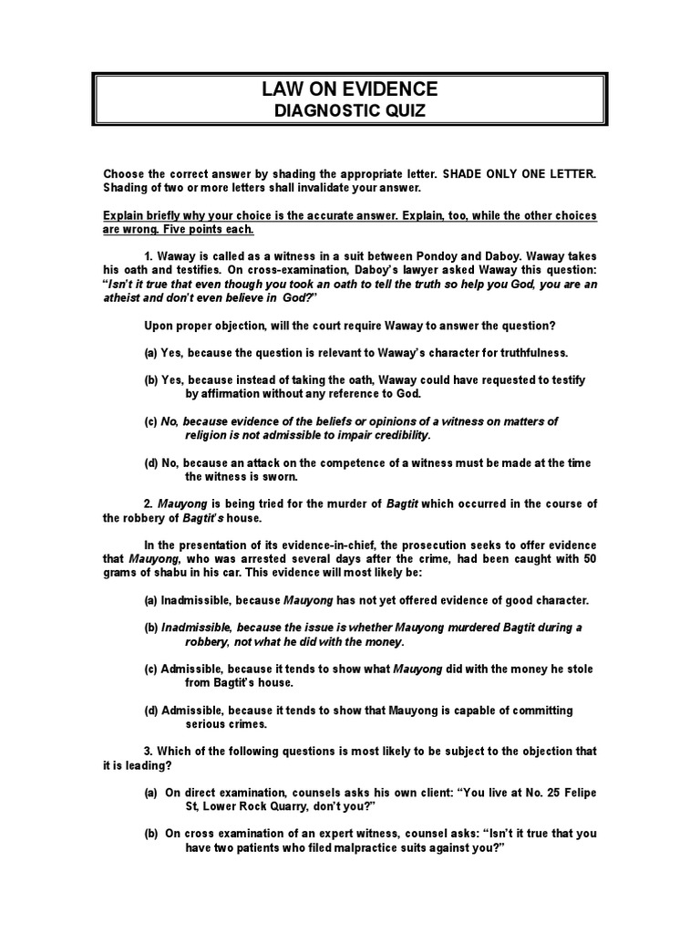 Law On Evidence: Diagnostic Quiz | PDF | Witness | Judgment (Law)