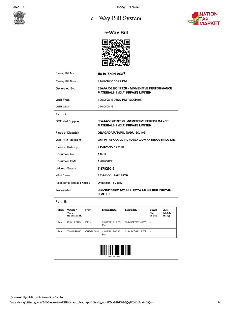 Lumax Industries E-Way Bill Details | PDF | Supply Chain Management ...