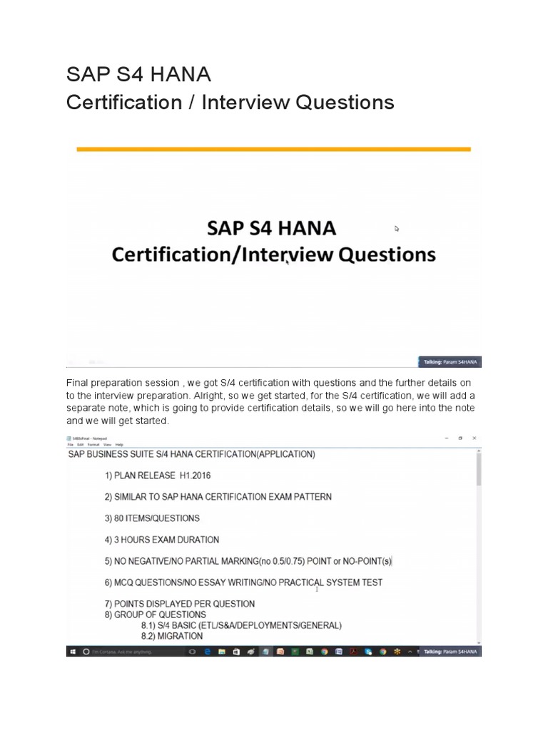 Sap S4 Hana Certification Interview Questions Test Assessment Databases