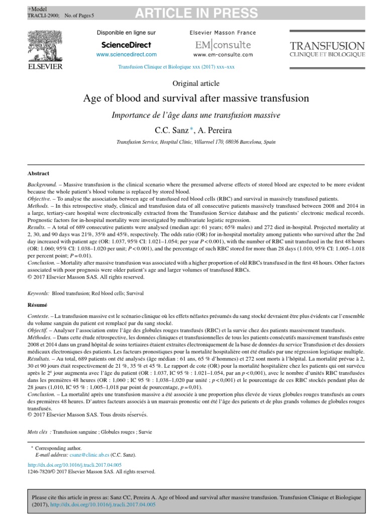 Article in Press: Age of Blood and Survival After Massive Transfusion ...