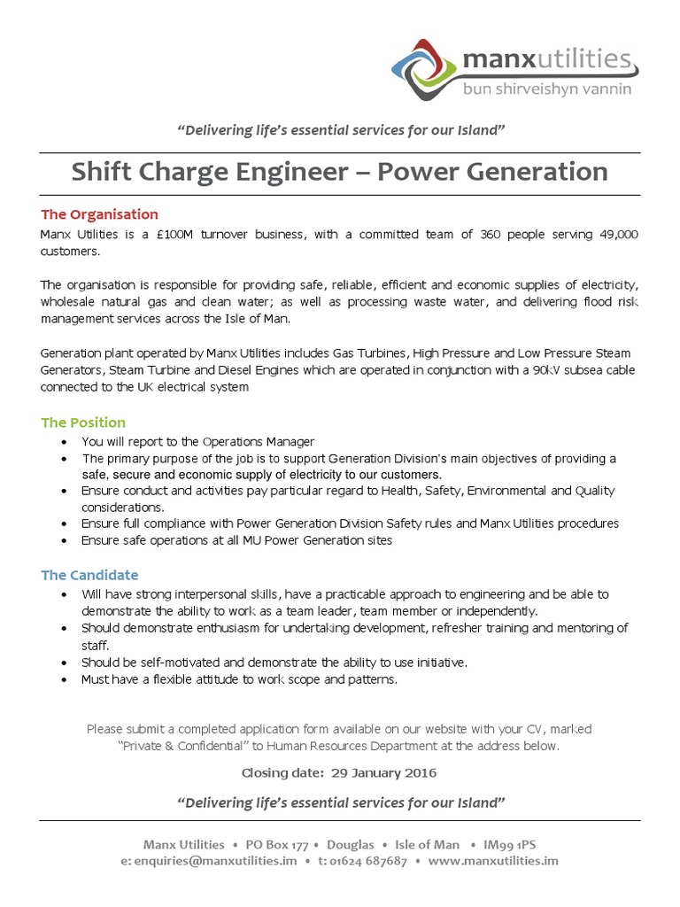 Job Description Shift Charge Engineer PDF Electricity Generation