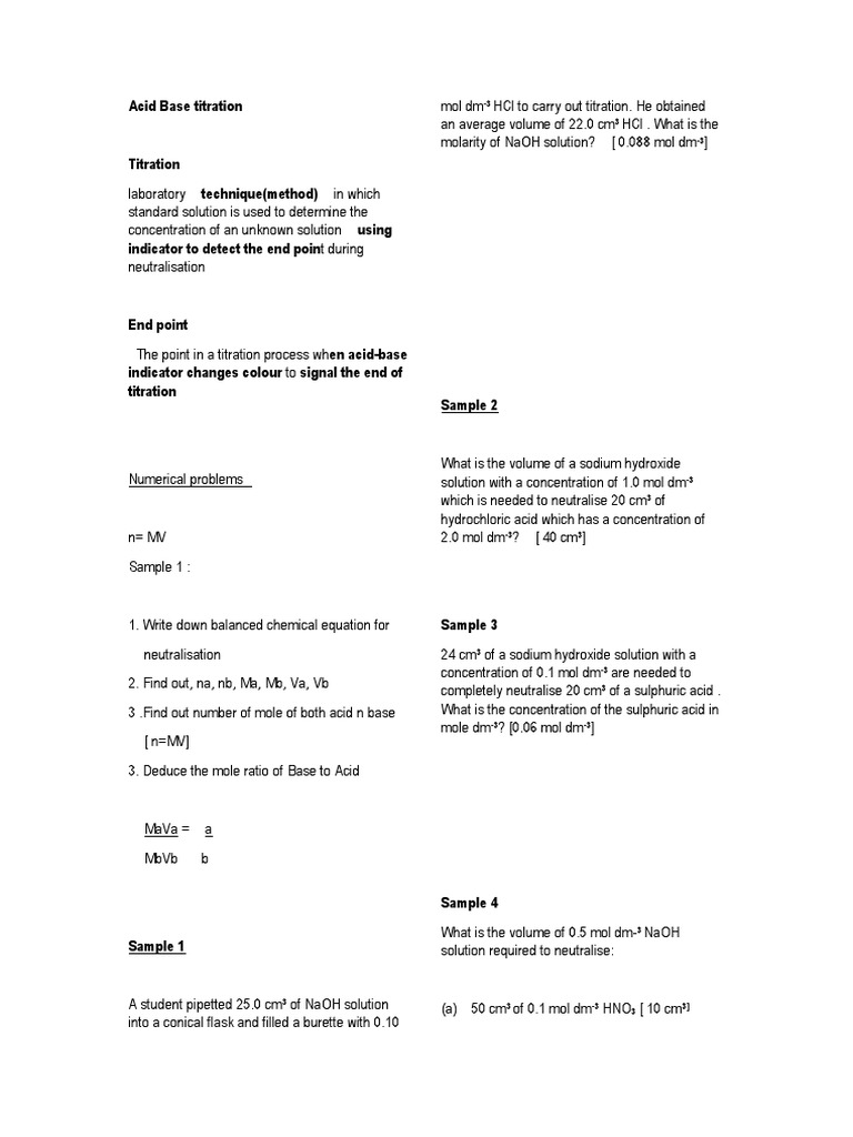 Acid Base Titration Notes PDF Titration Chemistry
