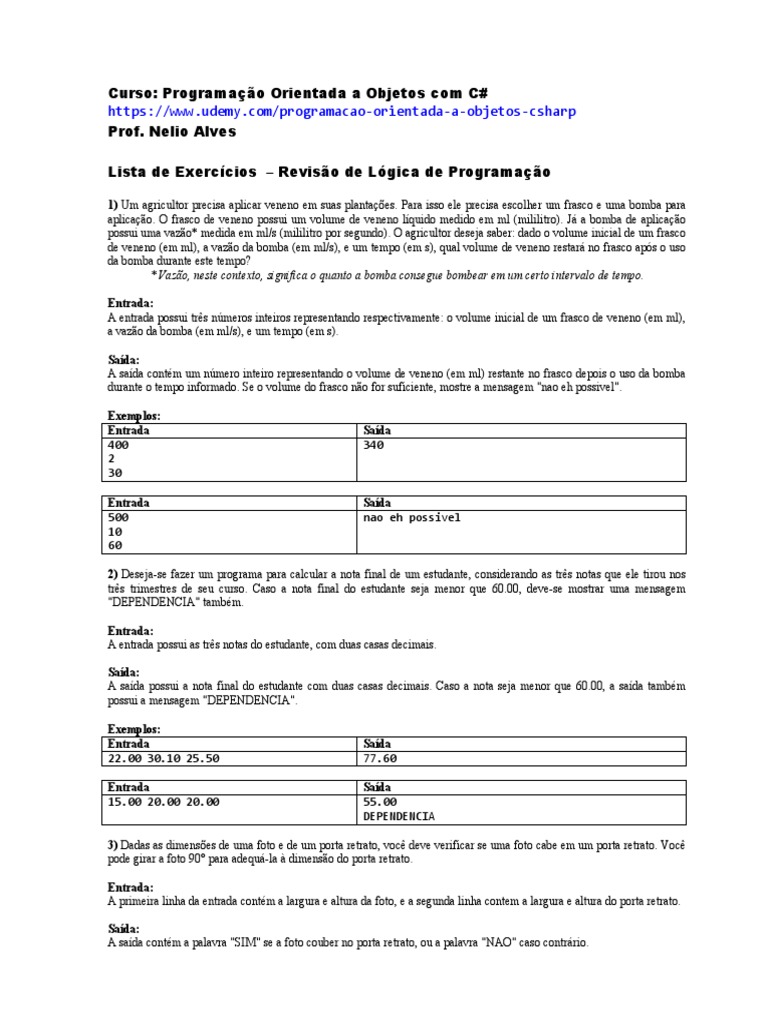 Exercicios Logica de Programacao PDF | PDF | Números | Número inteiro