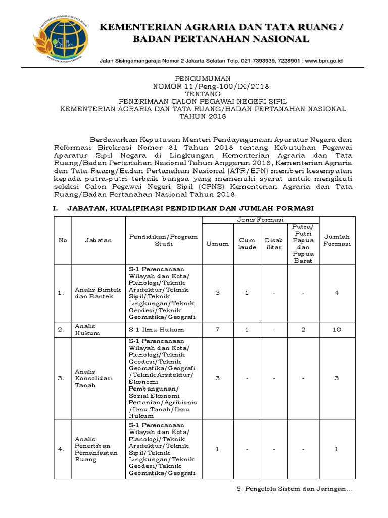 Pengumuman Penerimaan Cpns Atr Bpn 2018