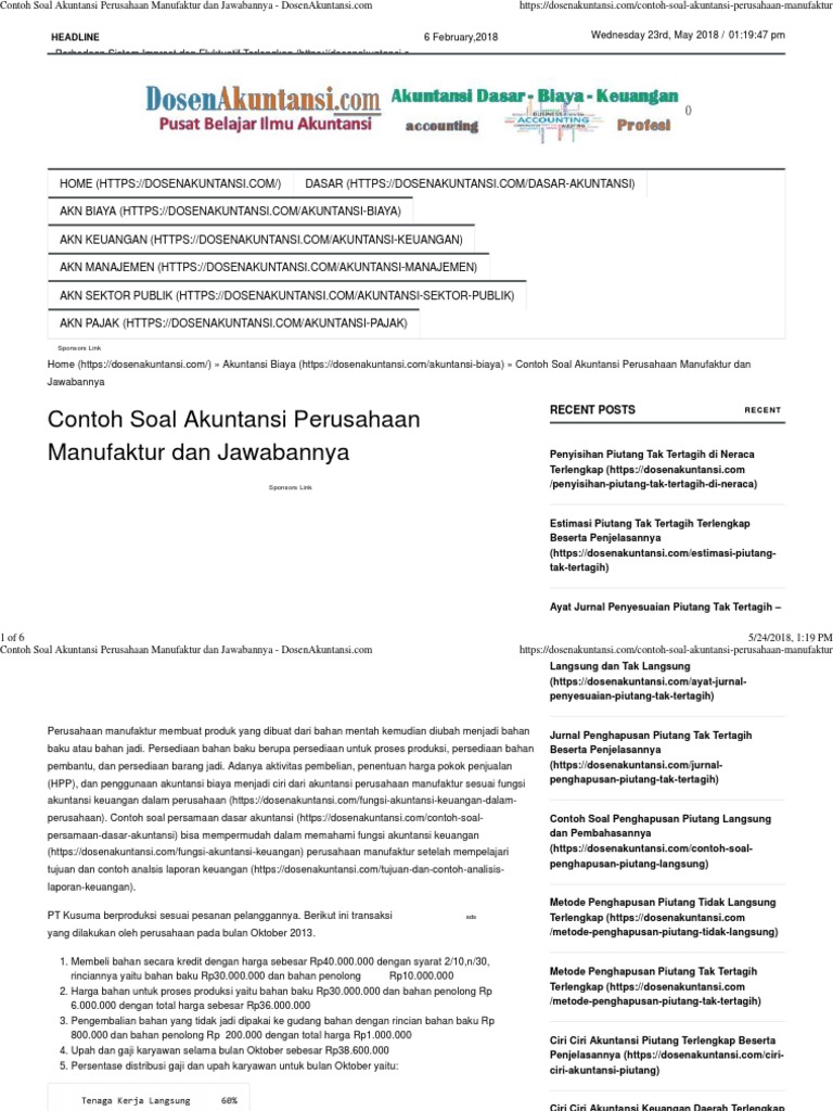 Contoh Soal Akuntansi Perusahaan Manufaktur