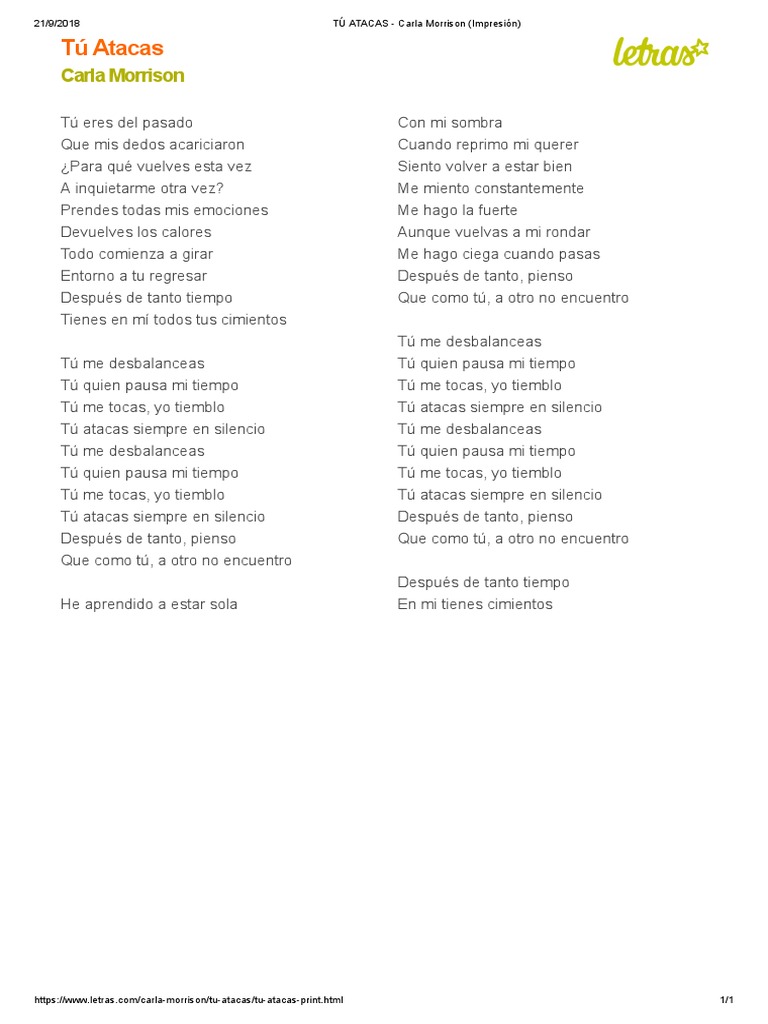 TÚ ATACAS Carla Morrison (Impresión) PDF Ocio