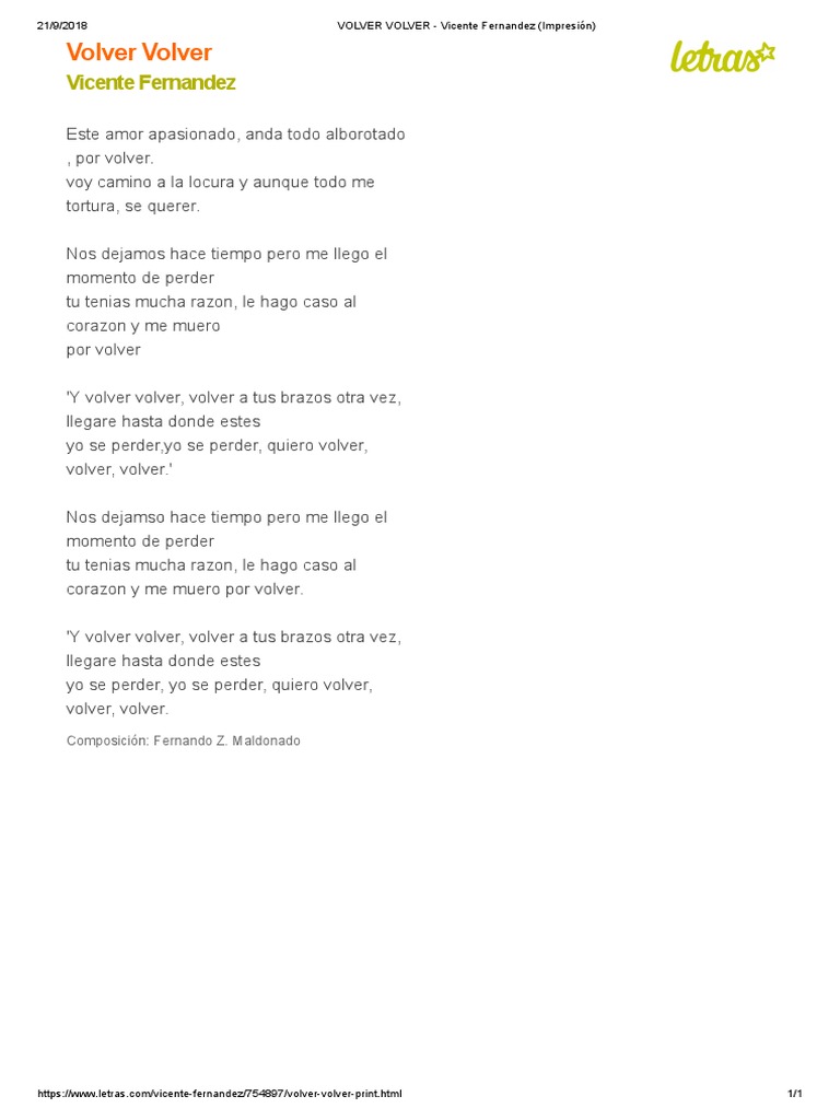 VOLVER VOLVER - Vicente Fernandez (Impresión) | PDF