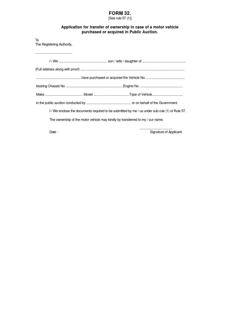 FORM 32application For Transfer of Ownership in Case of A Motor Vehicle ...