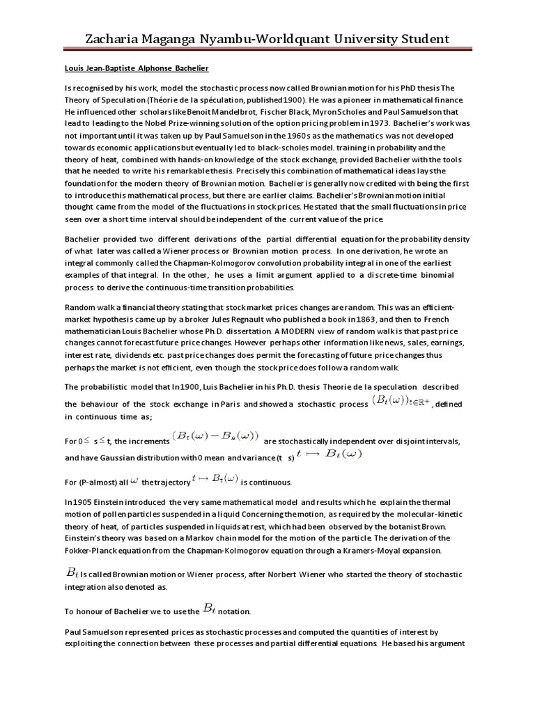 Bachelier's Impact on Stochastic Finance | PDF | Stochastic Process ...