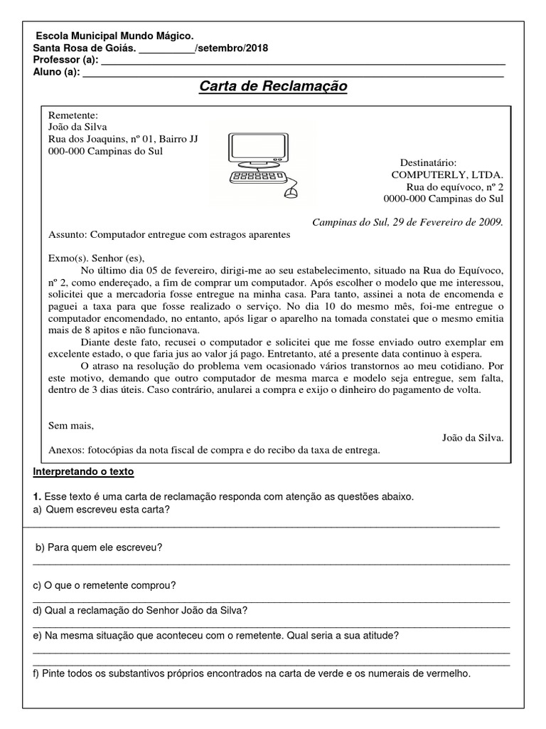 Atividade: Carta de Reclamação 4º Ano | PDF