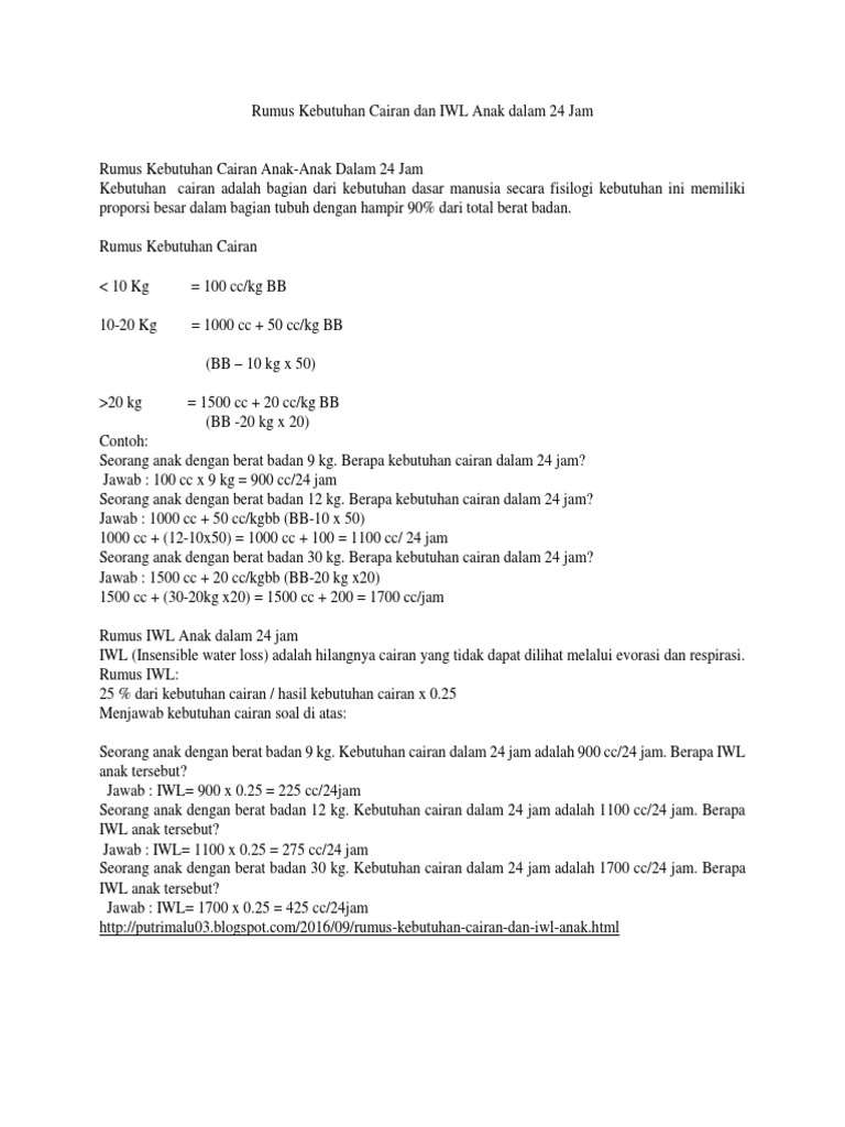 Rumus Kebutuhan Cairan Dan Iwl Anak Dalam 24 Jam