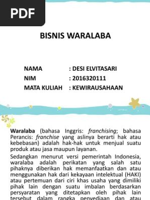 Bisnis Waralaba Nama Desi Elvitasari Nim 2016320111 Mata Kuliah Kewirausahaan