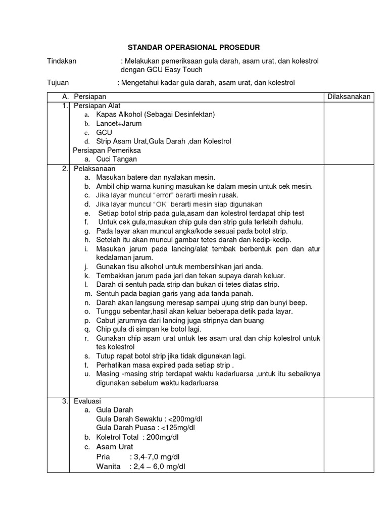 Prosedur Cek Gula, Asam Urat, Kolesterol | PDF