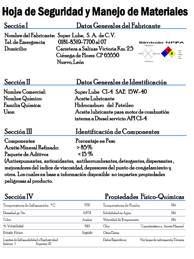 Hoja de Seguridad Lubricantes Swicch Lubricante Petróleo
