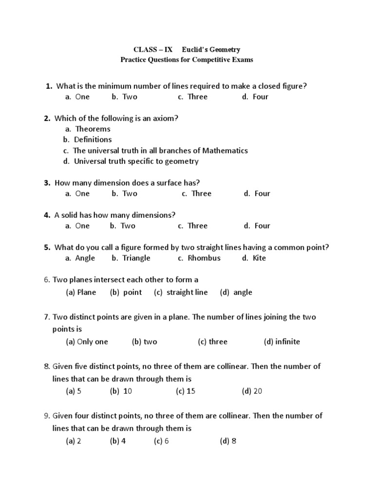 Class 9 Euclid Geometry Practice Questions | PDF | Teaching Methods ...