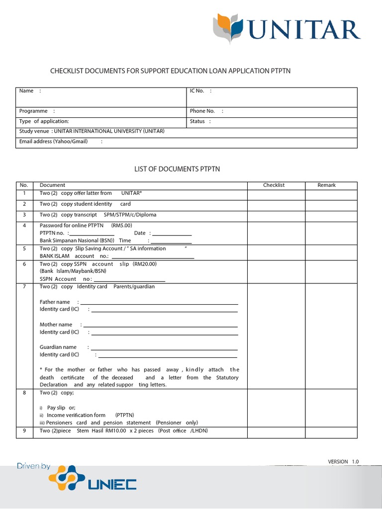 Checklist Documents For Support Education Loan Application Ptptn