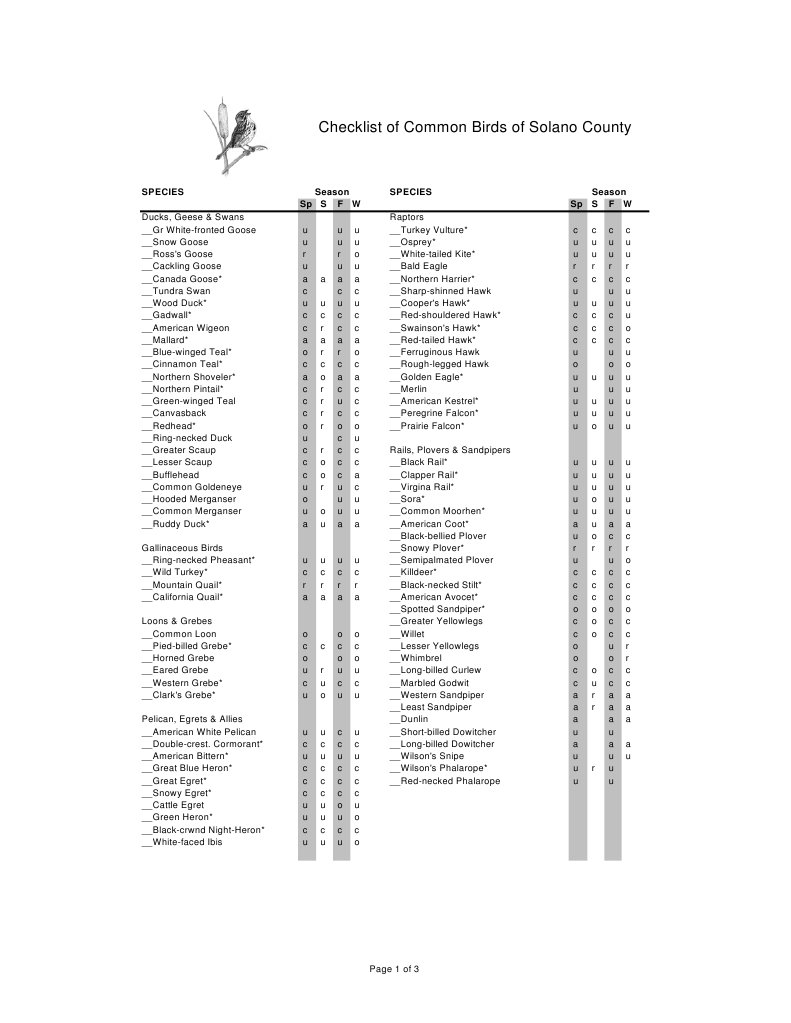 Checklist of Common Birds of Solano County | PDF