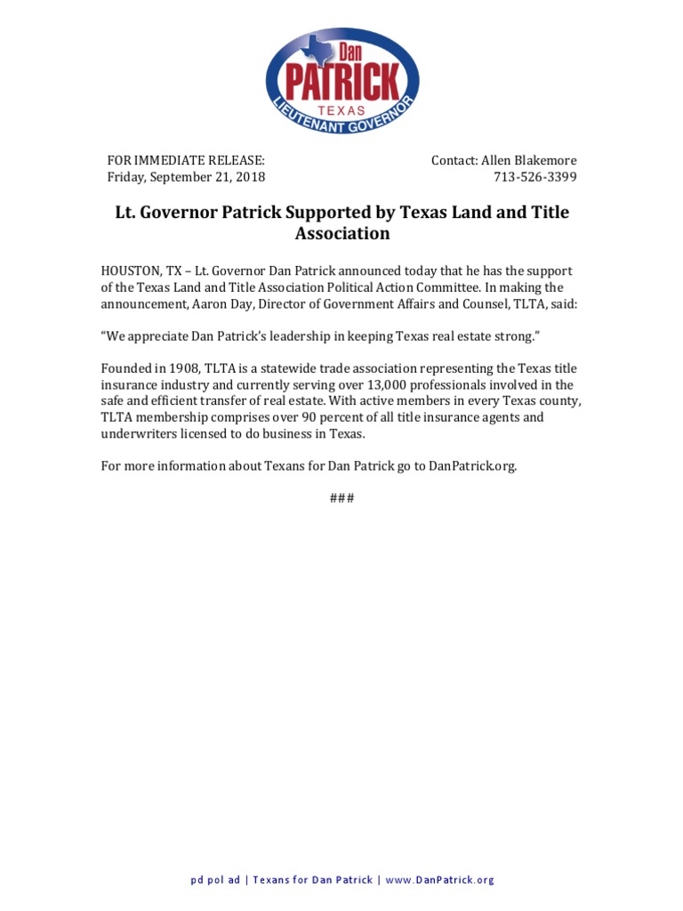 Dan Patrick Endorsed by TLTA | PDF