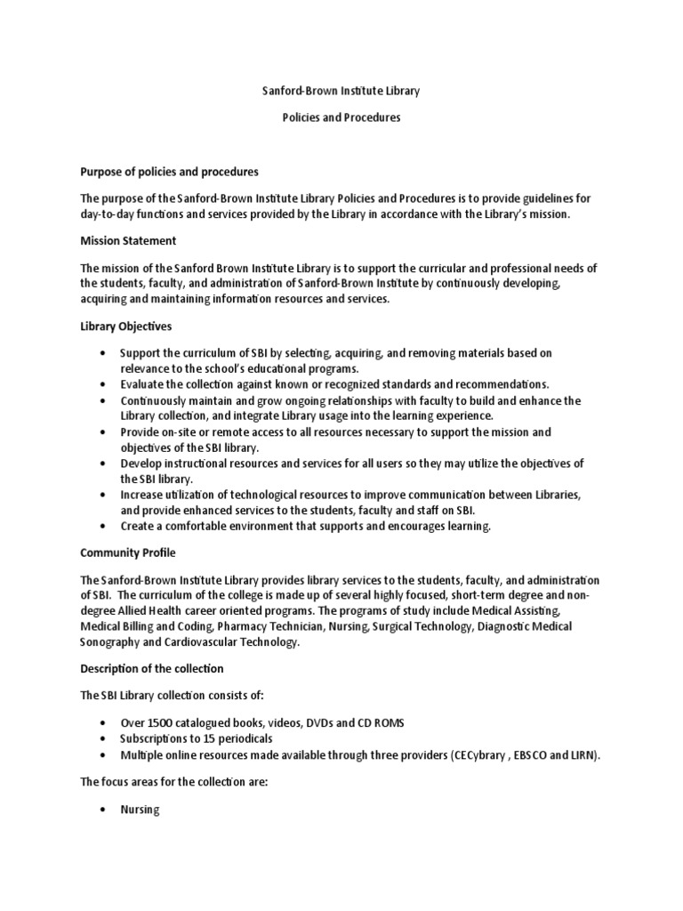 Purpose of Policies and Procedures PDF Libraries Curriculum