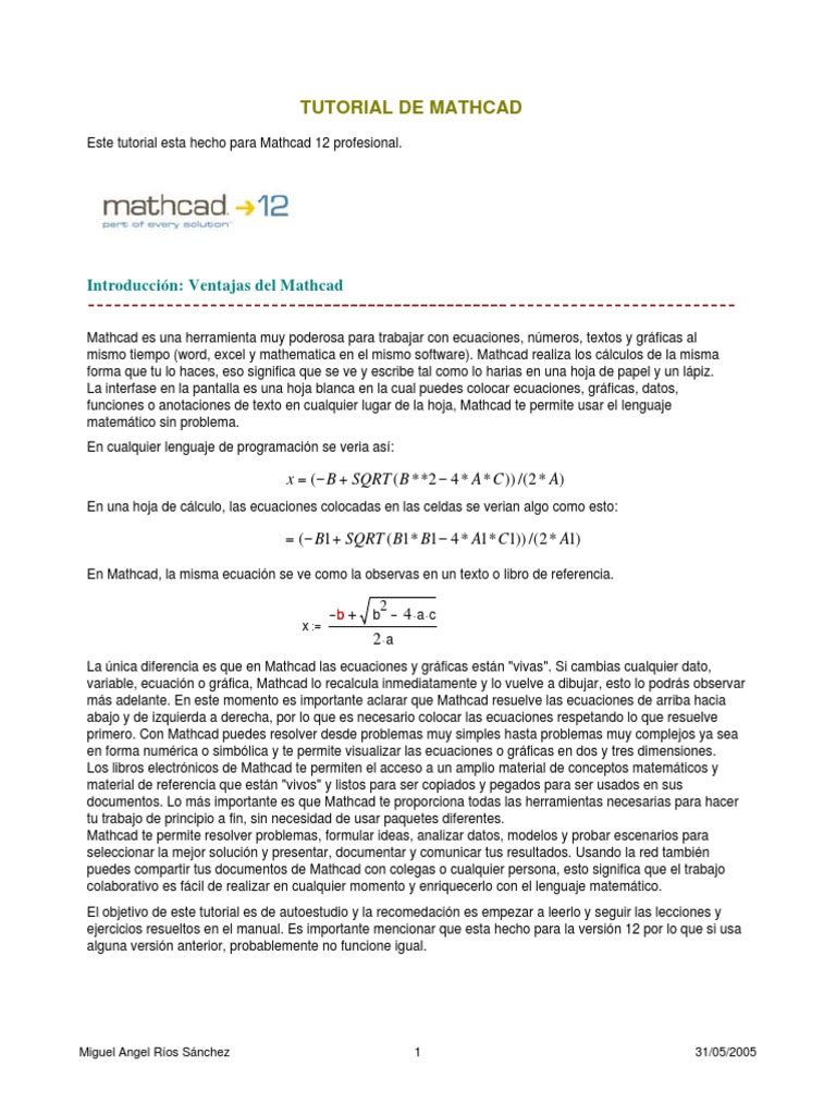 Tutorial MathCad PDF | PDF | Vector Euclidiano | Enseñanza de matemática