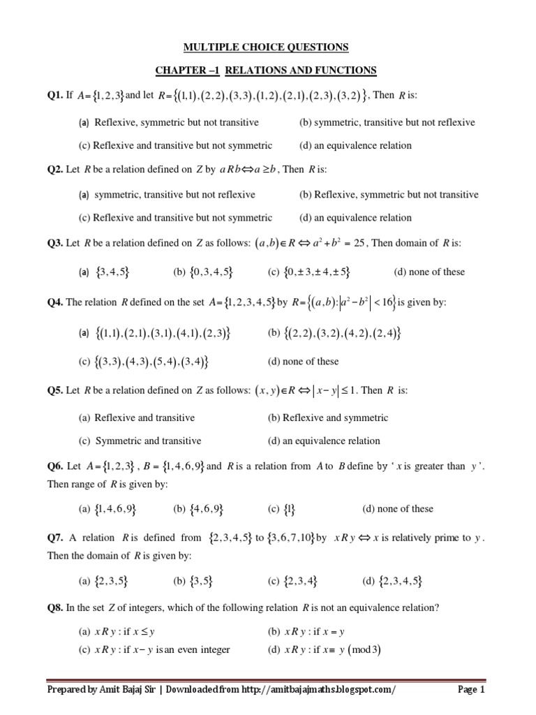 Ch 1 relations and functions multiple choice questions with answers