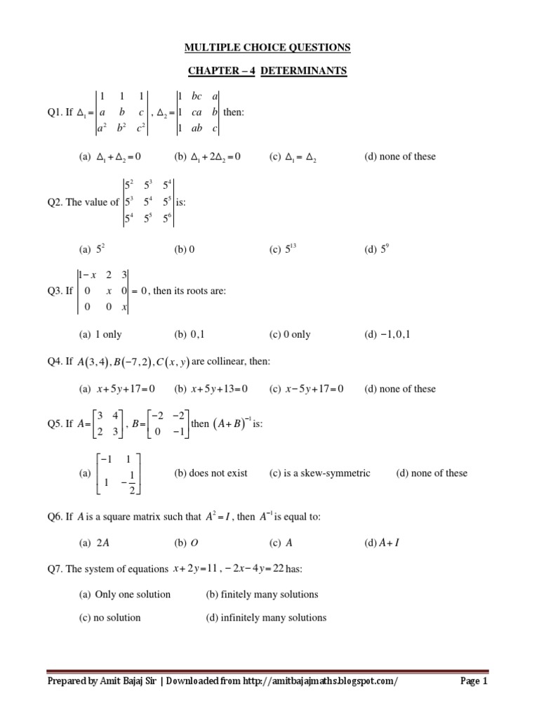Class 12 Determinants MCQs with Answers | PDF | Theoretical Physics ...