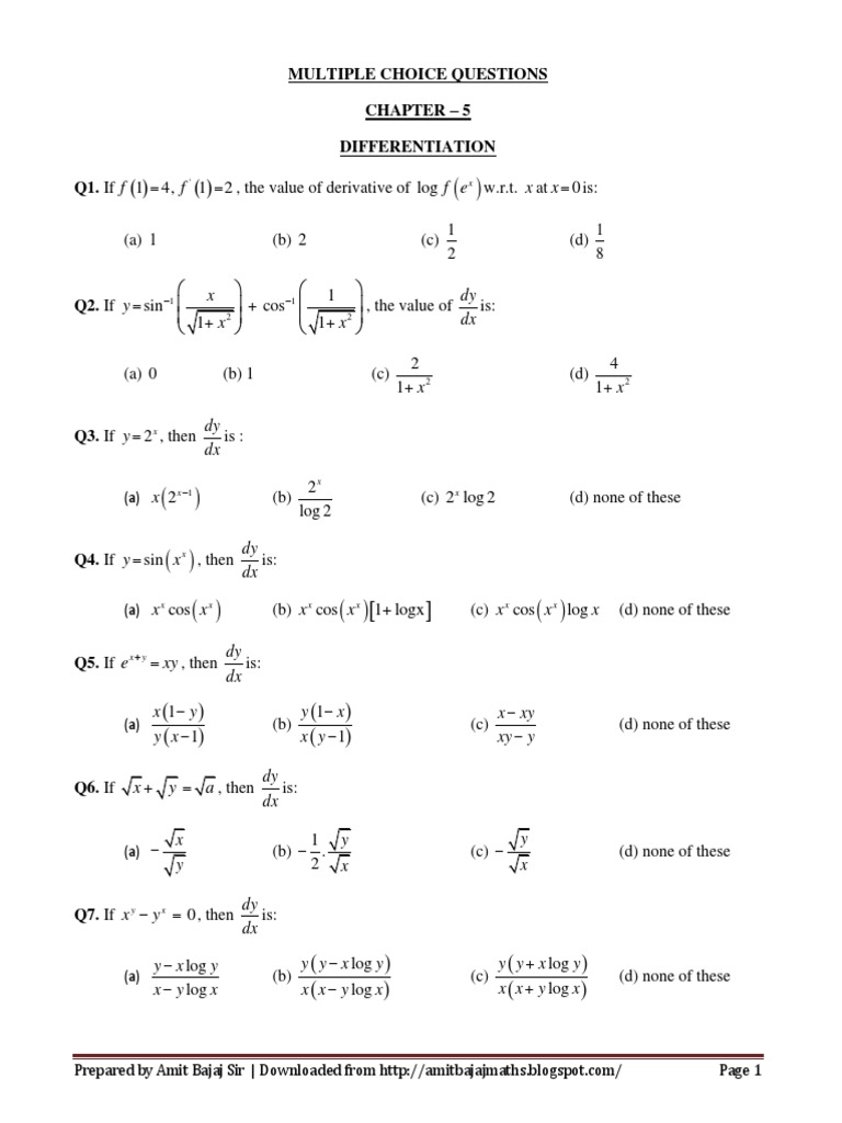 Ch 5 Differentiation Multiple Choice Questions With Answers Subtraction Differential Calculus