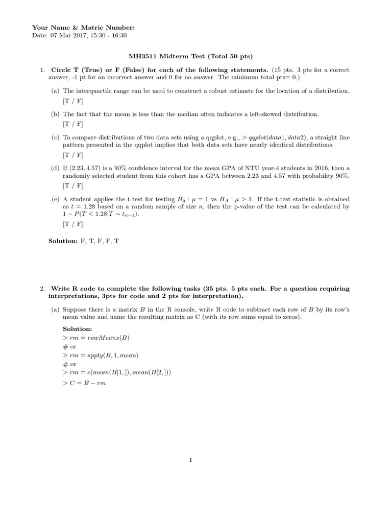 Mh3511midterm17q 1 P Value Statistical Hypothesis Testing