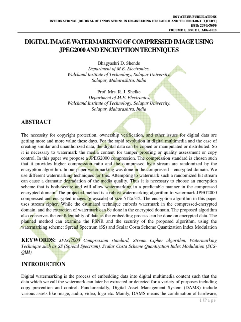 Digital Image Watermarking of Compressed Image Using Jpeg 2000 and ...