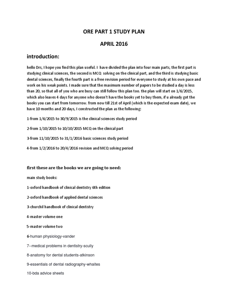 ORE Part 1 Study Plan Overview | PDF | Dentistry