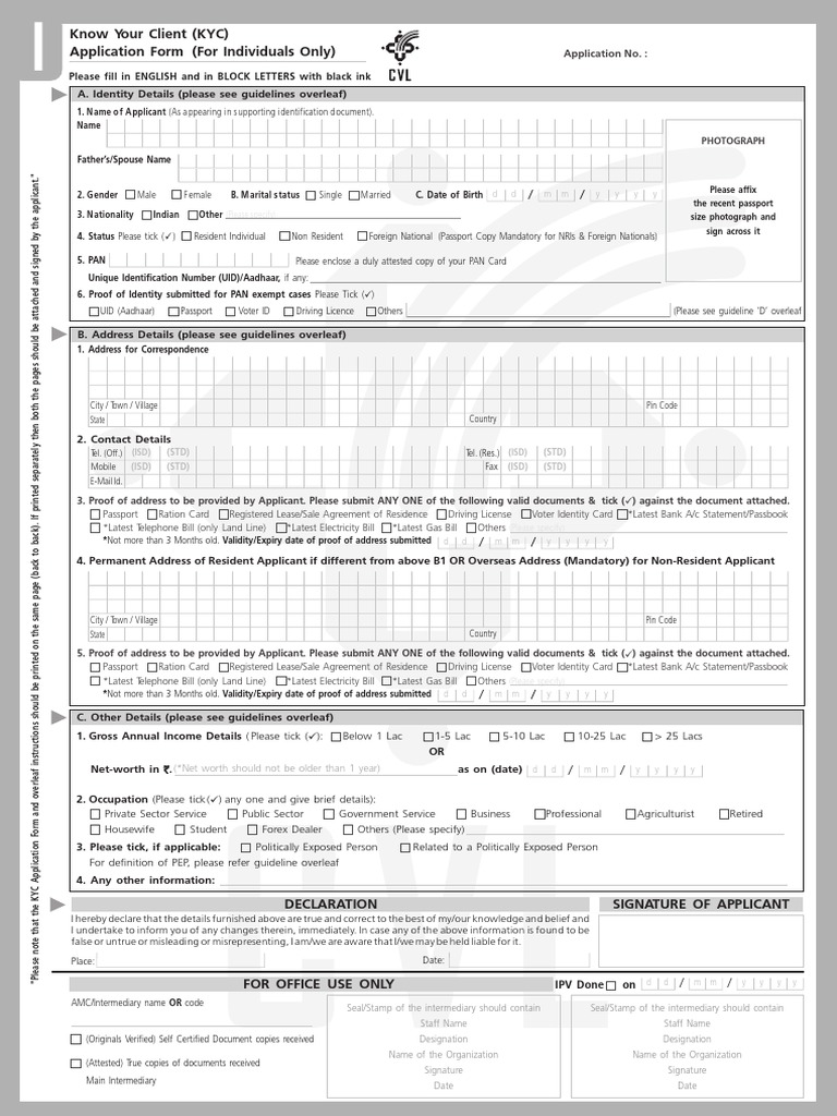 Know Your Client (KYC) Application Form (For Individuals Only) | PDF