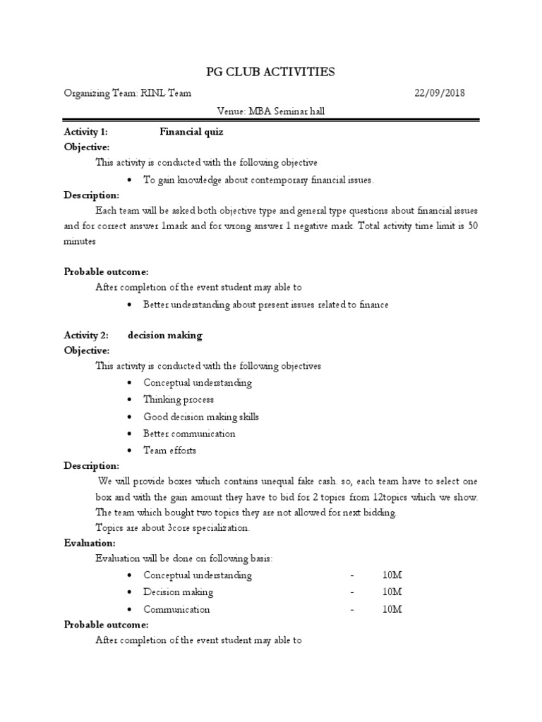 PG Club Activities: Activity 1: Financial Quiz Objective | PDF | Career ...