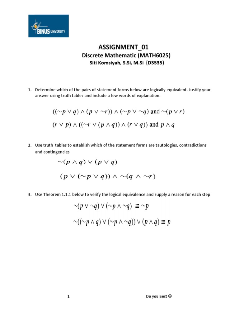 Assignment - 01: Discrete Mathematic (MATH6025) | PDF | Teaching ...