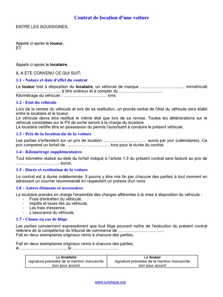 Imprimer Contrat De Location Voiture Vierge Pdf Modele Contrat Location Voiture Format PDF 1 | PDF