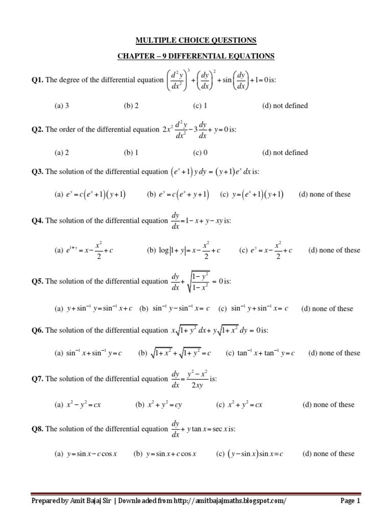 CH 9 Differential Equations Multiple Choice Questions With Answers Equations Differential 