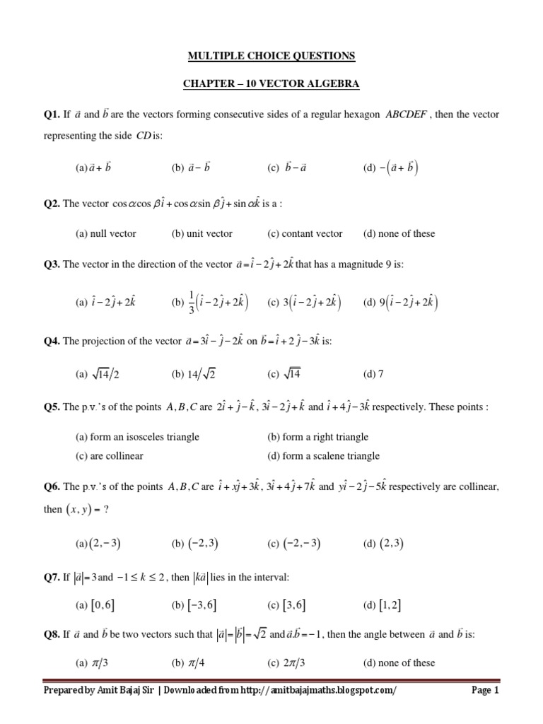 Ch 10 Vector Algebra Multiple Choice Questions (With Answers