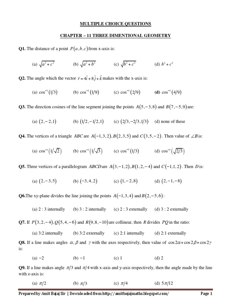 ch-11-three-dimentional-geometry-multiple-choice-questions-with-answers-plane-geometry