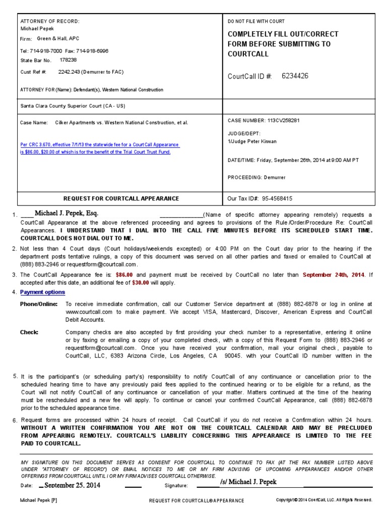 Courtcall Id #: 6234426: Completely Fill Out/Correct Form Before ...