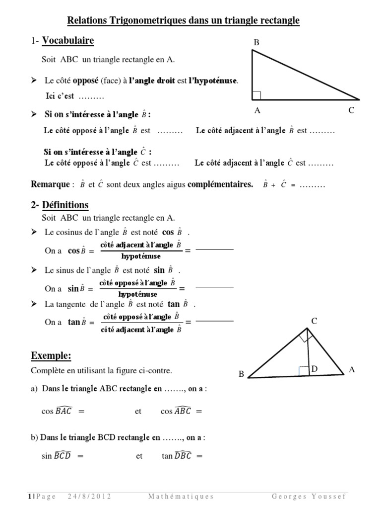 Exercice Math 3eme Cosinus Sinus Tangente Trigonometrie 3eme | PDF | Fonction trigonométrique | Angle